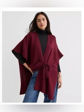 LOFT Burgundy Tie-Front Poncho Sweater